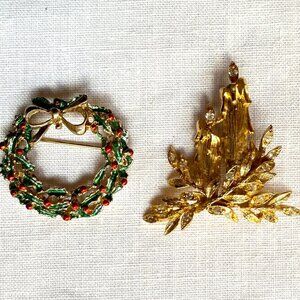 Two Christmas Pins - Enamel Wreath and Gold Metal Candles Pin